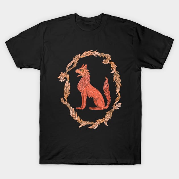 Red fire wolf in a floral wreath T-Shirt by PinataFoundry